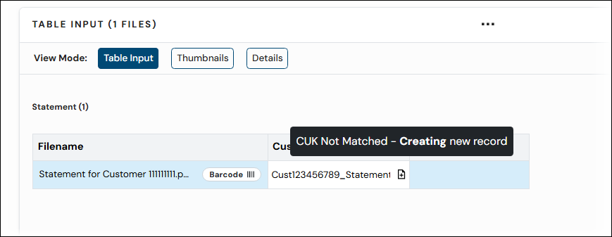 The CUK Not Matched popup message for an upload file